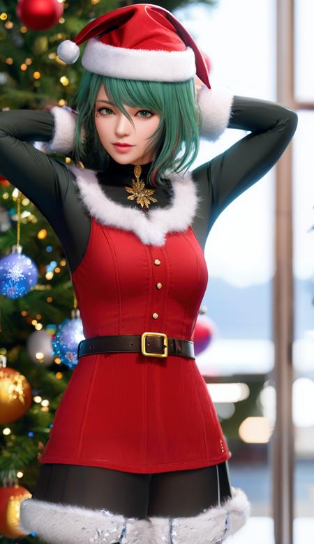 00871-1389639042-masterpiece,highres,3D graphics,available light,snowflakes,outdoors,_tamaki,1girl,solo,green hair,green eyes,((red christmas dre.png